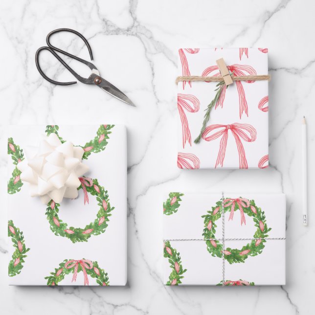 Watercolor Striped Ribbon Wreath Christmas Wrapping Paper Sheets (Front)