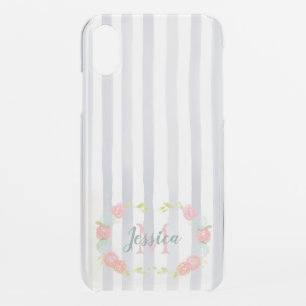 Watercolor Stripes and Floral Monogram iPhone XR Case