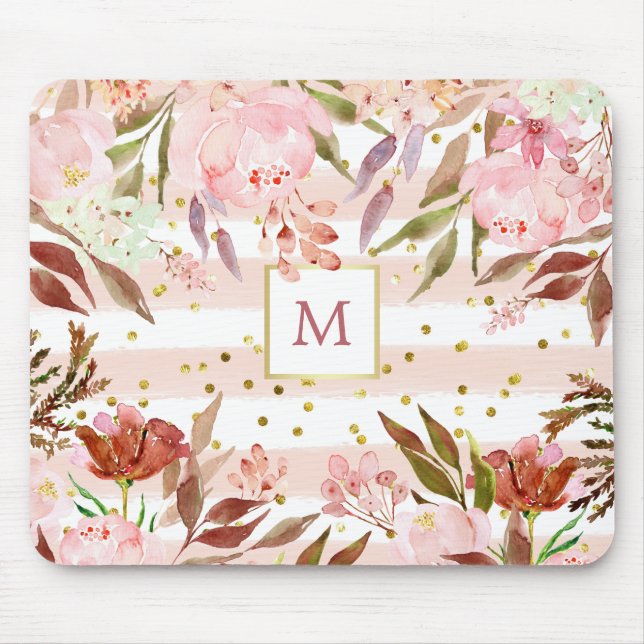 Watercolor Stripes and Floral with Gold Dots Mouse Pad (Front)