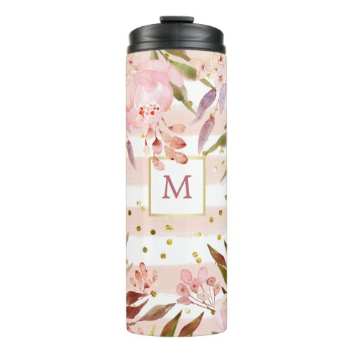 Watercolor Stripes and Floral with Gold Dots Thermal Tumbler