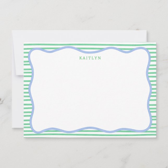 Watercolor Stripes, Blue Green Personalized Flat Note Card (Front)