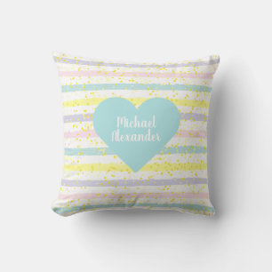 Watercolor Stripes Blue Heart Throw Pillow