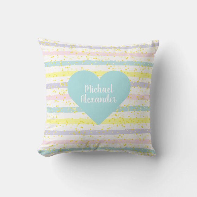 Watercolor Stripes Blue Heart Throw Pillow (Front)