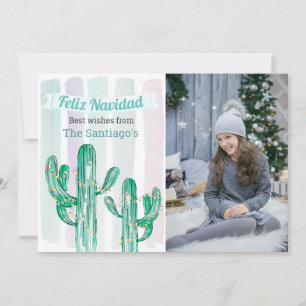 Watercolor Stripes Cactus Feliz Navidad Christmas Holiday Card