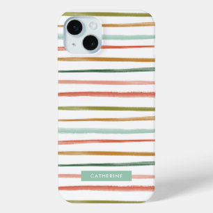 Watercolor Stripes Custom Name iPhone 15 Plus Case