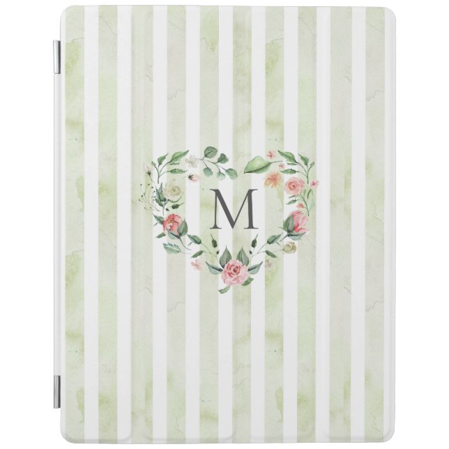 watercolor stripes floral wreath monogram iPad smart cover (Front)