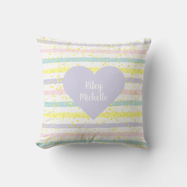Watercolor Stripes Lavender Heart Throw Pillow (Front)