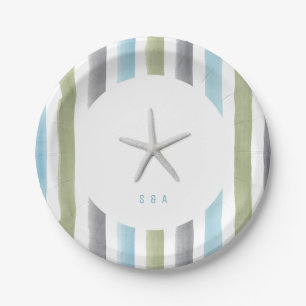 Watercolor stripes monogram rustic beach wedding paper plates