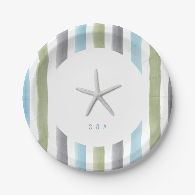 Watercolor stripes monogram rustic beach wedding paper plates (Front)