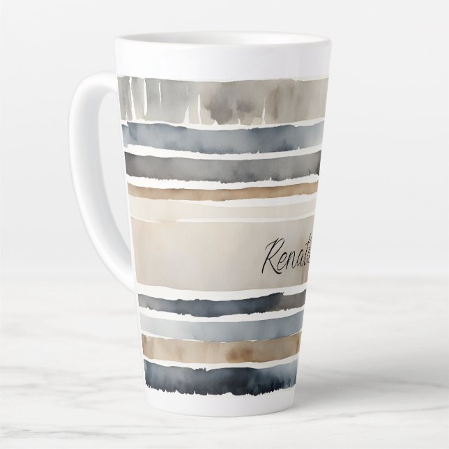 Watercolor Stripes Neutral Colors Latte Mug (Left Angle)