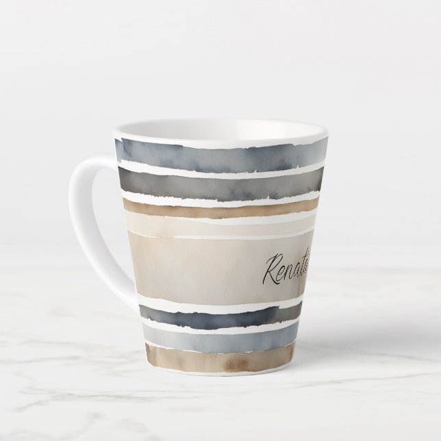 Watercolor Stripes Neutral Colors Latte Mug (Left Angle)