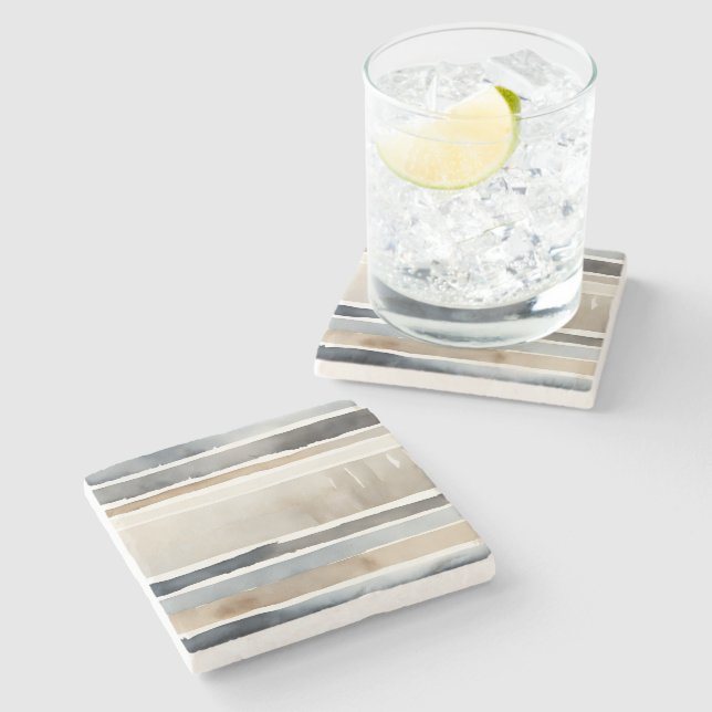 Watercolor Stripes Neutral Colors Stone Coaster (Side)