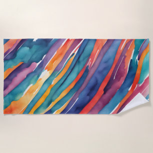 Watercolor Stripes Orange, Pink Blue Green Purple Beach Towel