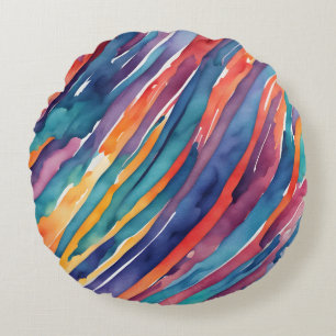 Watercolor Stripes Orange, Pink Blue Green Purple Round Pillow