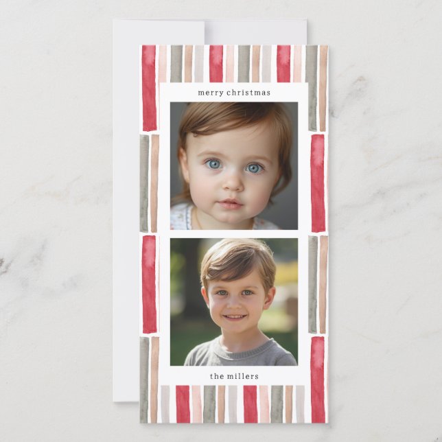 Watercolor Stripes Photo Holiday Card (Front)