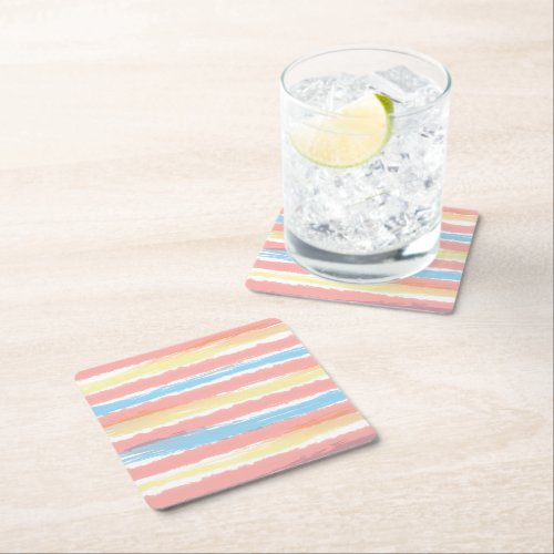 Watercolor Stripes Pink Blue Yellow Square Paper Coaster