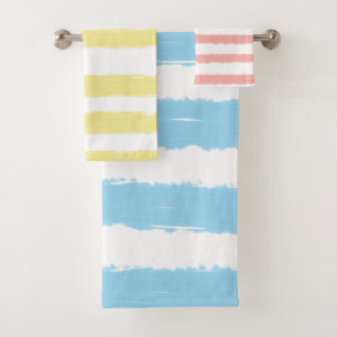 Watercolor Stripes Pink Yellow Blue White Bath Towel Set