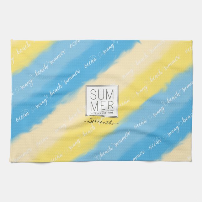 Watercolor Stripes Summer Calligraphy Kitchen Towel (Horizontal)