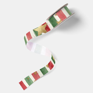 Watercolor Stripes with gold stars christmas Satin Ribbon