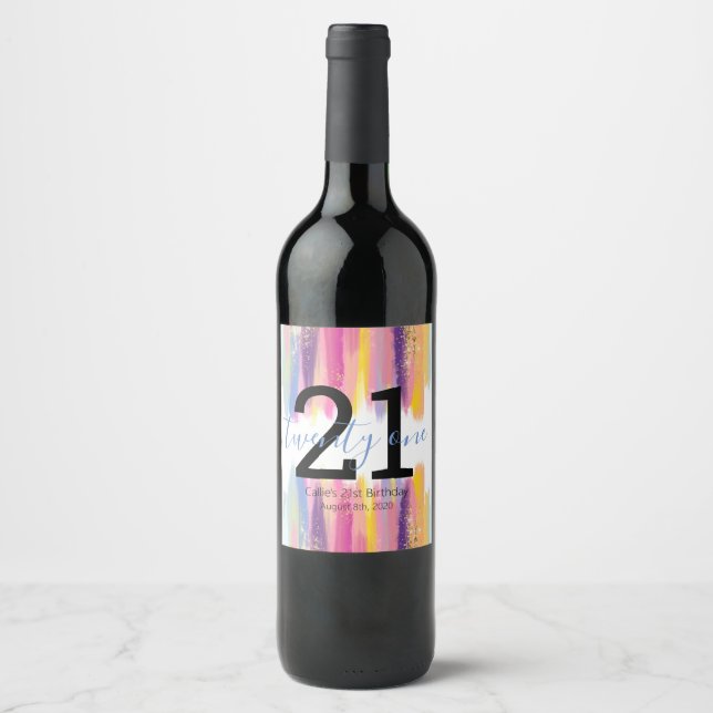 Watercolor Strokes 21st Birthday Celebration Wine Label (Front)