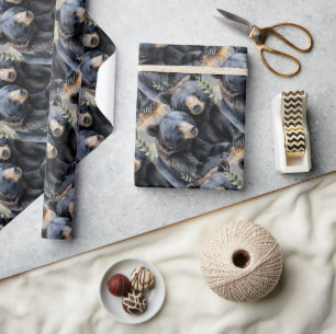  Watercolor Style Black Bears Animal Pattern Art Wrapping Paper