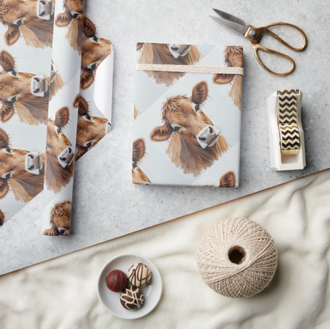  Watercolor Style Brown Cow Farm Animal Wrapping Paper (Crafts)