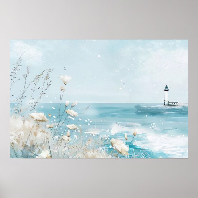 Watercolor style coastal landscape with lighthouse poster (Front)