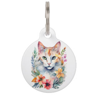 Watercolor Style Floral White Cat Pet ID Tag