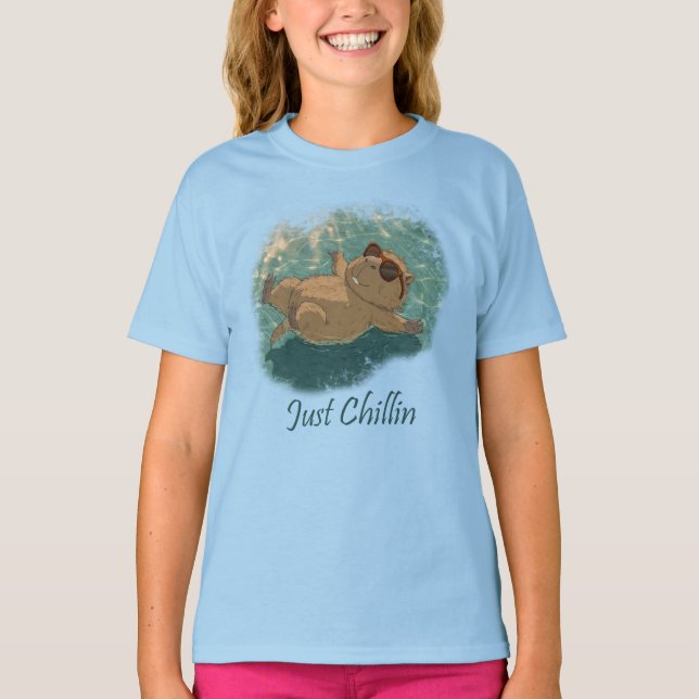  Watercolor Style Fun Capybara Just Chillin Quote T-Shirt (Front)