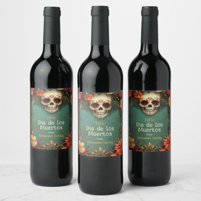 💀🎉 Watercolor style green Día de Muertos Party  Wine Label (Bottles)