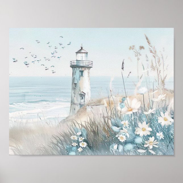 watercolor style illustration white lighthouse poster (Front)