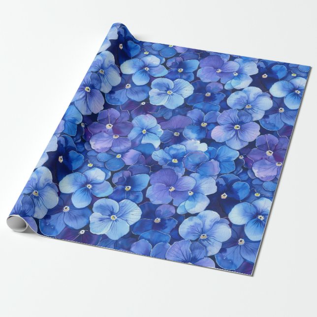 Watercolor Style Pansies Blue Purple Floral Print Wrapping Paper (Unrolled)
