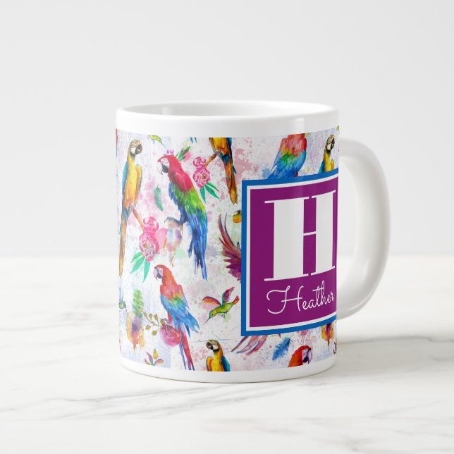 Watercolor Style Parrots | Add Your Name Large Coffee Mug (Front Right)