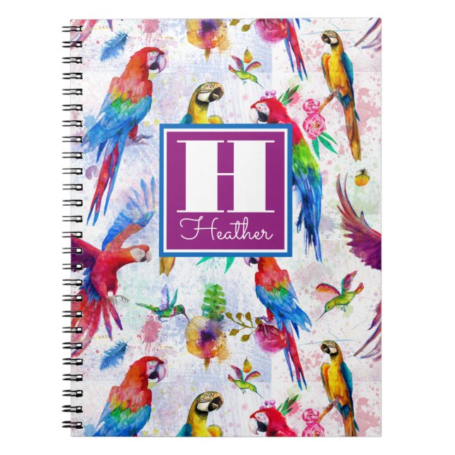 Watercolor Style Parrots | Add Your Name Notebook (Front)