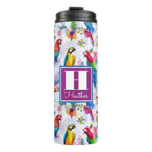 Watercolor Style Parrots Add Your Name Thermal Tumbler