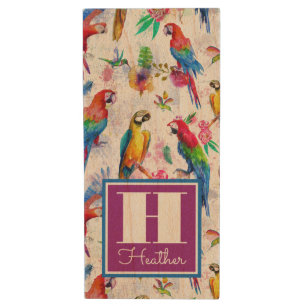 Watercolor Style Parrots Add Your Name Wood Flash Drive