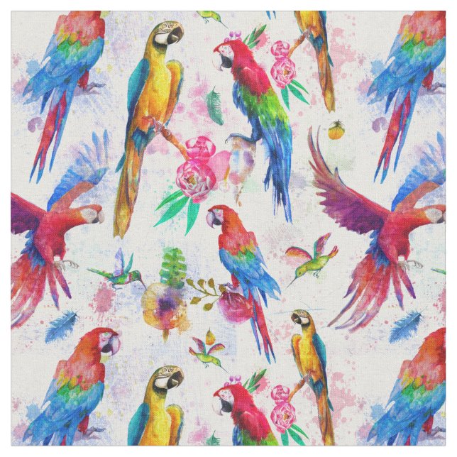 Watercolor Style Parrots Fabric (Close Up)