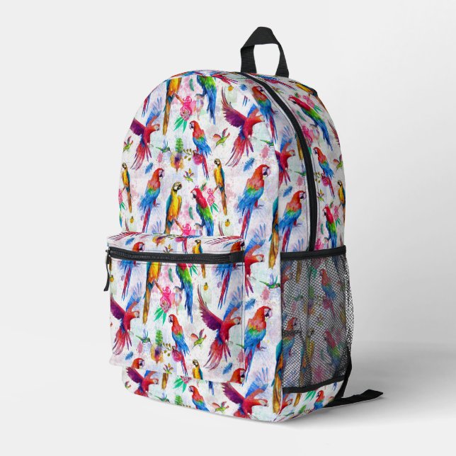Watercolor Style Parrots Printed Backpack (Back Corner Right)