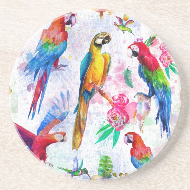 Watercolor Style Parrots Sandstone Coaster (Front)
