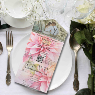 Watercolor Style Pink Dahlia Floral QR Code Photo All In One Invitation