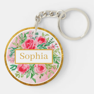 Watercolor Style Pink Roses, Green Leaves and Gold Keychain