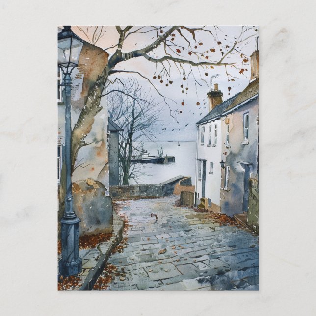 Watercolor Style Seaside Villagescape Postcard (Front)