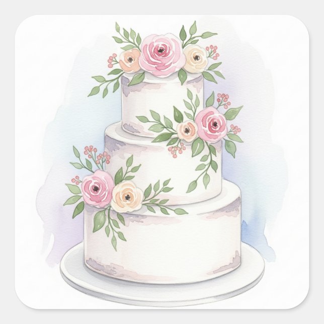Watercolor Style Wedding Cake Square Sticker (Front)