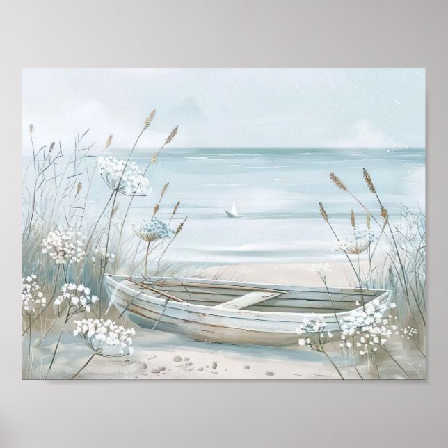 watercolor style white boat on beach poster (Front)
