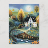 Watercolor Style White Cottage Landscape