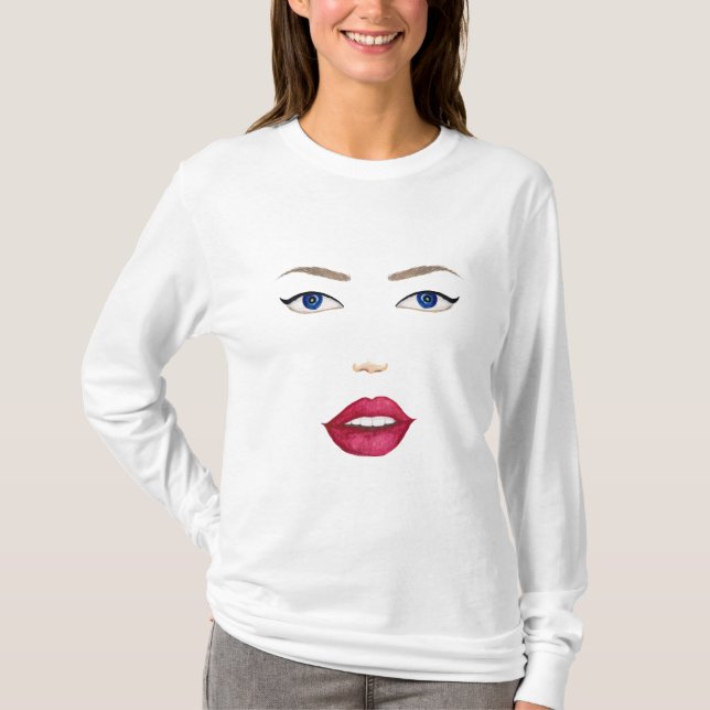 Watercolor stylized female face with red lips. T-Shirt (Front)