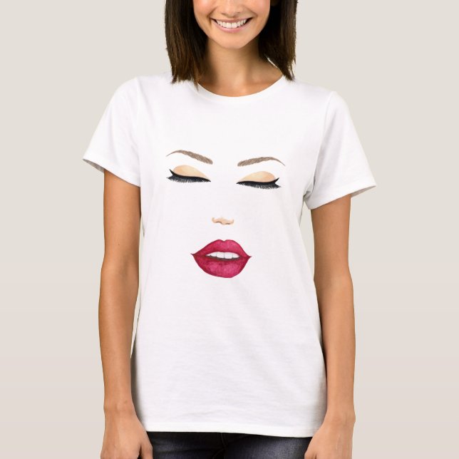 Watercolor stylized female face with red lips T-Shirt (Front)
