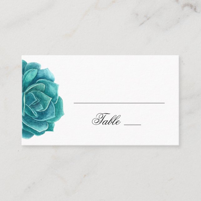 Watercolor succulent. Blue & teal wedding. Cactus Place Card (Front)