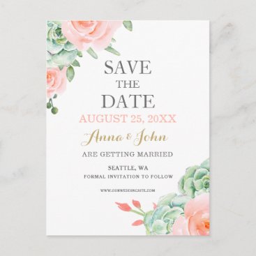 Watercolor Succulent Blush Floral Elegant Wedding Announcement Postcard