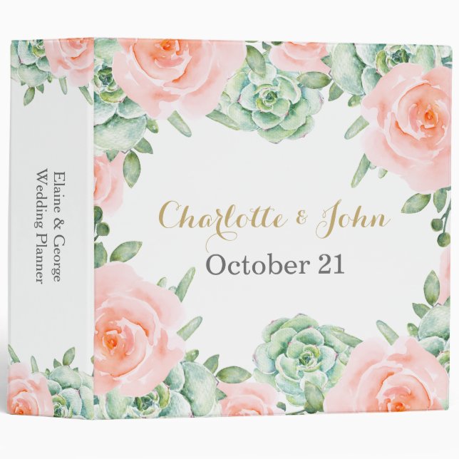 Watercolor Succulent Blush Floral Elegant Wedding Binder (Front/Spine)